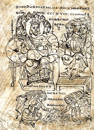 „Ariańscy heretycy potępieni” – ich pisma płoną przed cesarzem Konstantynem Wielkim, który zwołał sobór w Nicei.