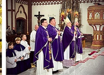 Bp Marek Szkudło (z lewej), abp senior Wiktor Skworc (w środku) i bp Grzegorz Olszowski towarzyszyli wiernym w kościołach stacyjnych (z prawej).