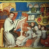 Szkoła klasztorna augustianów w Paryżu na średniowiecznej miniaturze: mnich na ambonie czyta lekturę młodym – duchownym (z tonsurami) i świeckim.
