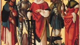 Autor nieznany Święci Jakub, Florian, Wawrzyniec, Wendelin i Genowefa  tempera na desce, 1510–1520 Muzeum Augustianów,  Fryburg Bryzgowijski