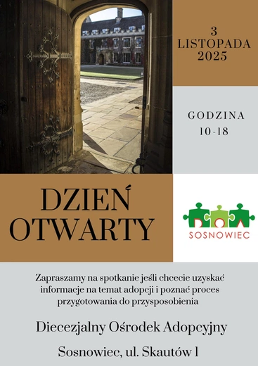 Plakat wydarzenia. Dzień otwarty w Diecezjalnym Ośrodku Adopcyjnym w Sosnowcu, 3 listopada