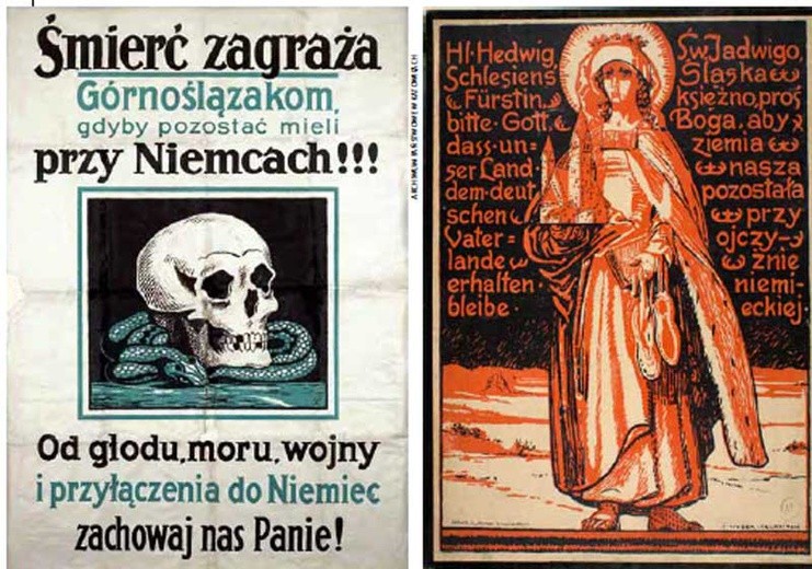 Plakaty, z reguły dwujęzyczne, były ważną częścią kampanii plebiscytowej. Po prawej plakat niemiecki, po lewej polski