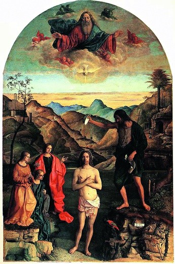 Chrzest Jezusa w Jordanie stanowił obok pokłonu mędrców oraz wesela w Kanie treść święta Objawienia Pańskiego; obraz Giovanniego Belliniego