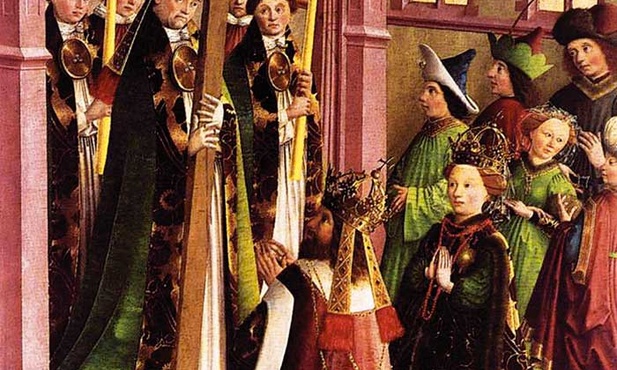 Mistrz Pasji z Darmstadt „Cesarz Konstantyn i św. Helena  adorujący prawdziwy krzyż”  tempera na desce, ok. 1440  Muzea Państwowe, Berlin