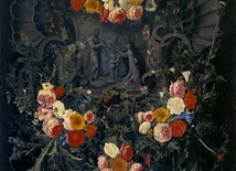 Daniel Seghers „Girlanda kwiatów z Jezusem i św. Teresą” olej na płótnie, XVII w., Muzeum Prado, Madryt