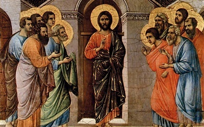 Duccio di Buoninsegna, "Chrystus ukazuje się apostołom, przechodząc przez zamknięte drzwi" 