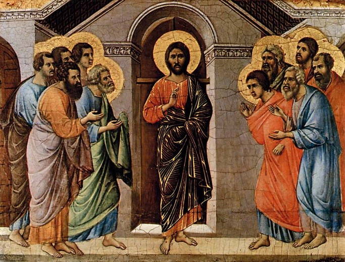 Duccio di Buoninsegna, "Chrystus ukazuje się apostołom, przechodząc przez zamknięte drzwi" 