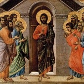 Duccio di Buoninsegna, "Chrystus ukazuje się apostołom, przechodząc przez zamknięte drzwi" 