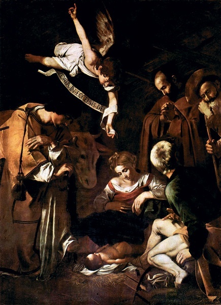 Caravaggio (1571–1610), „Boże Narodzenie ze świętymi Franciszkiem i Wawrzyńcem” (1609)