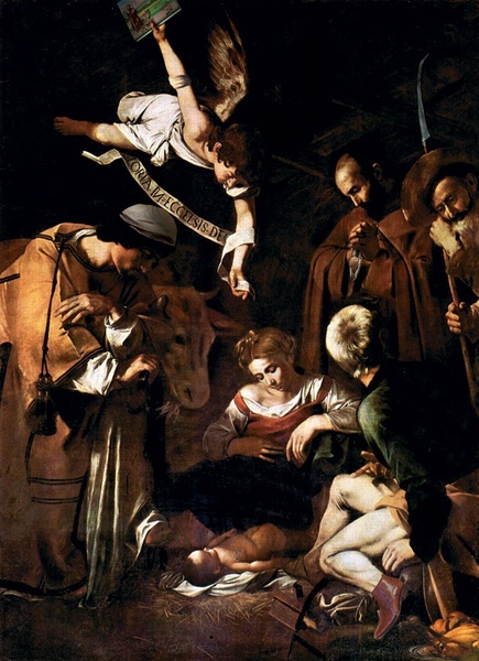 Caravaggio (1571–1610), „Boże Narodzenie ze świętymi Franciszkiem i Wawrzyńcem” (1609)