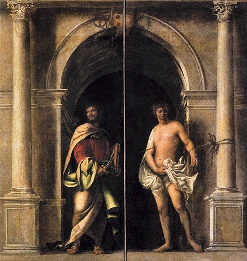 Sebastiano Luciani, zwany del Piombo „Św. Bartłomiej i św. Sebastian” olej na płótnie, ok. 1509 Galeria Akademii, Wenecja