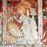  Freski na ścianie północnej. Kolejne malowidła to: Zwiastowanie Maryi, Narodzenie Chrystusa, Obrzezanie Chrystusa (bardzo rzadka scena) i Ucieczka Świętej Rodziny do Egiptu