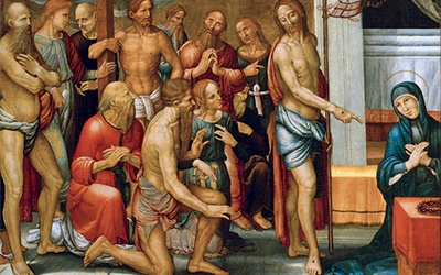 Fernando Yáñez de la Almedina „Chrystus zmartwychwstały z Maryją i wyprowadzonymi z piekieł”  olej na desce, 1510–1518 Muzeum Prado, Madryt