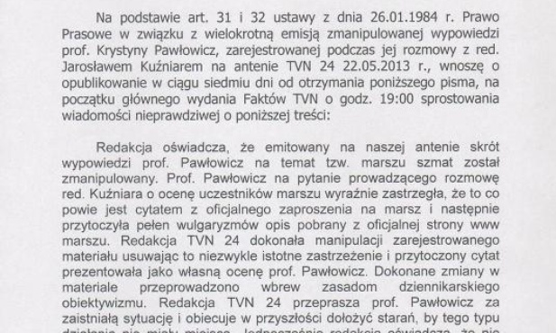Pawłowicz żąda sprostowania od TVN