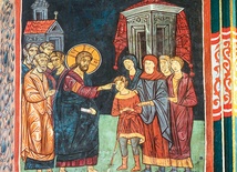 Jezus uzdrawia niewidomego młodzieńca. Polichromia z katedry  Narodzenia NMP w Sandomierzu