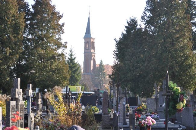 Widok z cmentarza na wieżę parafialnego kościoła
