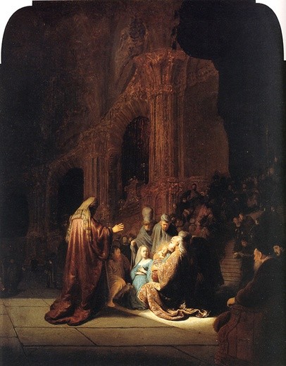 Rembrandt Harmenszoon van Rijn „Ofiarowanie Jezusa w świątyni”  olej na desce, 1631 Mauritshuis, Haga