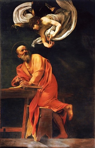 Obraz Caravaggia, przedstawiający św. Mateusza piszącego Ewangelię, w dość naiwny sposób próbuje zilustrować „mechanizm” działania biblijnego natchnienia  