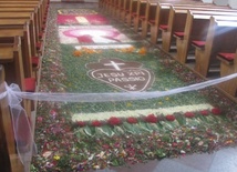 Herb pasjonistów, portret św. Jana Pawła II i hasło roku duszpasterskiego ułożone z kwiatów, można było podziwiać w nawie głównej przasnyskiego sanktuarium