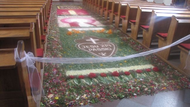 Herb pasjonistów, portret św. Jana Pawła II i hasło roku duszpasterskiego ułożone z kwiatów, można było podziwiać w nawie głównej przasnyskiego sanktuarium