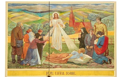Scena figuralna z Jezusem Miłosiernym na ścianie żeleźnikowskiego kościoła