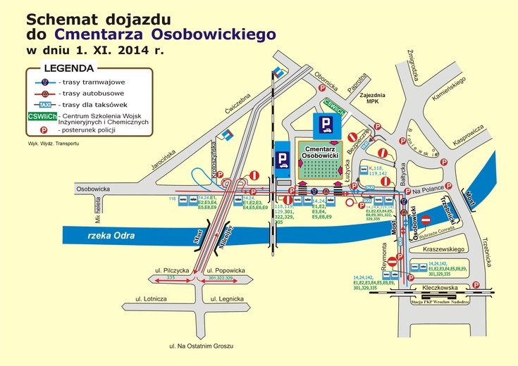 Mapki ruchu wokół cmentarzy 31 października oraz 1 i 2 listopada oraz schemat MPK