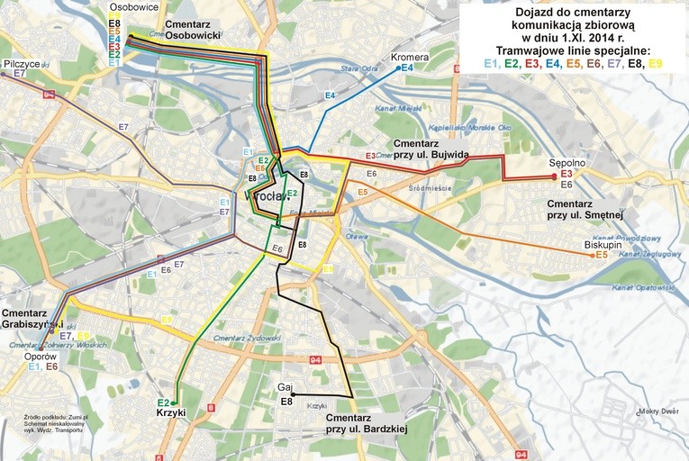 Mapki ruchu wokół cmentarzy 31 października oraz 1 i 2 listopada oraz schemat MPK