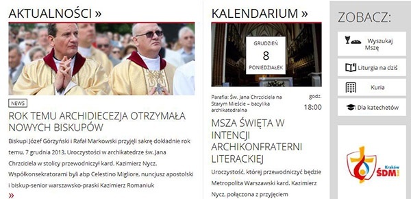  Serwis archidiecezji warszawskiej można znaleźć pod dotychczasowym adresem: archidiecezja.warszawa.pl, a także pod nowym: archwwa.pl. 