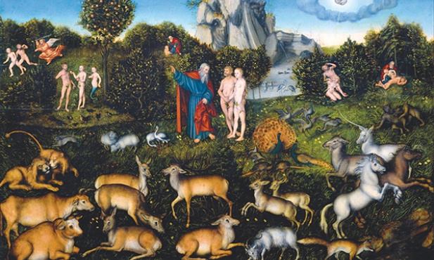 Lucas Cranach starszy „Rajski ogród”,  olej na desce, 1530, Gemäldegalerie Alte Meister, Drezno