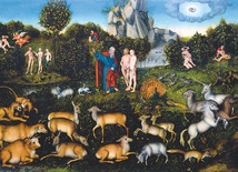 Lucas Cranach starszy „Rajski ogród”,  olej na desce, 1530, Gemäldegalerie Alte Meister, Drezno