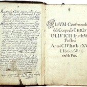 Tytułowa strona księgi gliwickiego Bractwa Najświętszego Ciała Chrystusa (Bractwa Bożego Ciała) z 1711 r., zawierająca spisy członków. Stronę tę poprzedzają odpisy dokumentów bractwa w języku polskim,  które sporządził ks. Thomas Uher