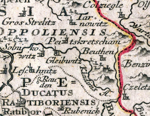  Pyskowice na mapie Śląska Matthausa Seuttera z I połowy XVIII wieku 