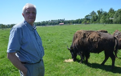 Marcin Popiel wśród bizonów