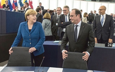 7.10.2015. Strasburg. Francja. Kanclerz Niemiec Angela Merkel i prezydent Francji François Hollande w Parlamencie Europejskim