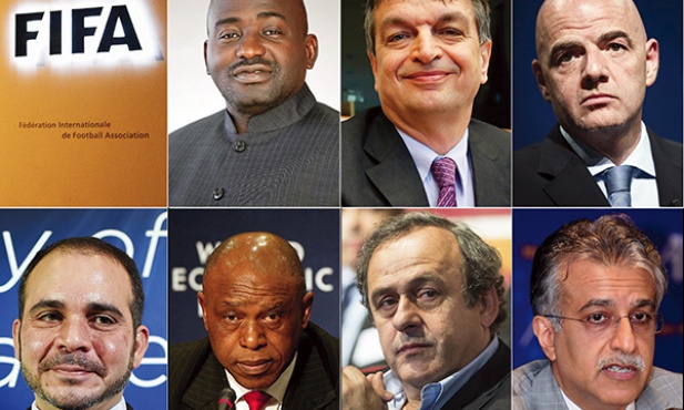 Kandydaci na nowego szefa FIFA (od lewej z góry) Musa Hassan, Jérôme Champagne, Gianni Infantino, Ali ibn Husajn,  Tokyo Sexwale, Michel Platini, Salman al-Khalifa