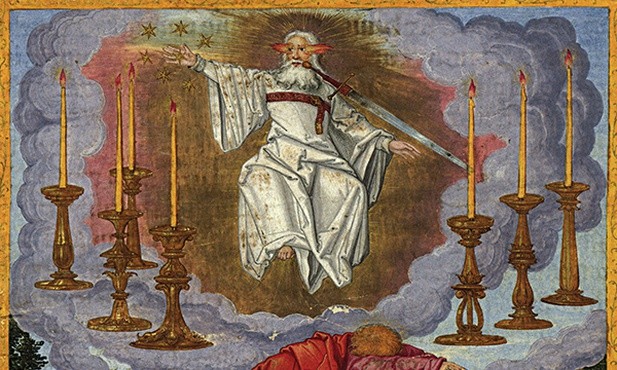 Chrystus z Apokalipsy (Ap 1,9-20). Miecz obosieczny jest symbolem słowa Bożego, świeczniki siedmiu Kościołów. U dołu św. Jan 