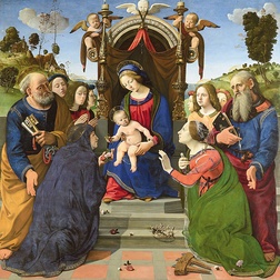 Piero di Cosimo „Maryja z Dzieciątkiem na tronie ze świętymi i aniołami” olej i tempera na desce, 1493 Muzeum Innocenti, Florencja