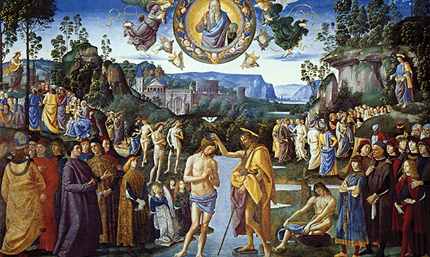 Pietro Vannucci, zwany Perugino „Chrzest Chrystusa”  fresk, ok. 1482 Kaplica Sykstyńska, Watykan