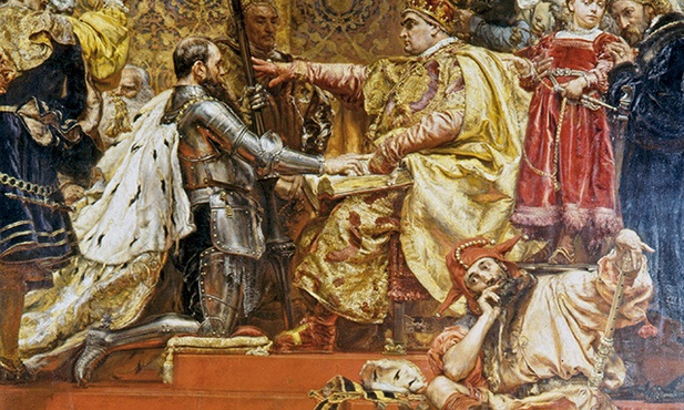 Hołd pruski. Zamyślony Stańczyk na dole, wie, niestety, jak potoczy się historia.  Pokonane Prusy za kilkaset lat wezmą udział w rozbiorze Polski