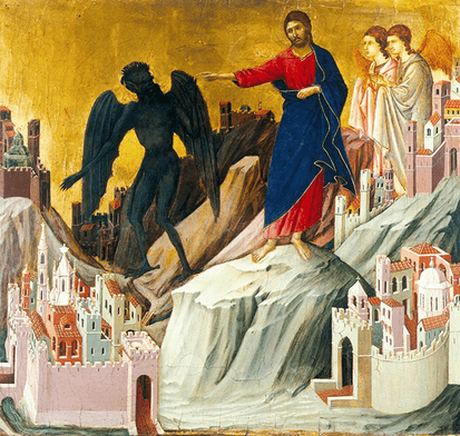 Duccio di Buoninsegna „Kuszenie na górze”  tempera na drewnie, 1308–1311, Frick Collection, Nowy Jork