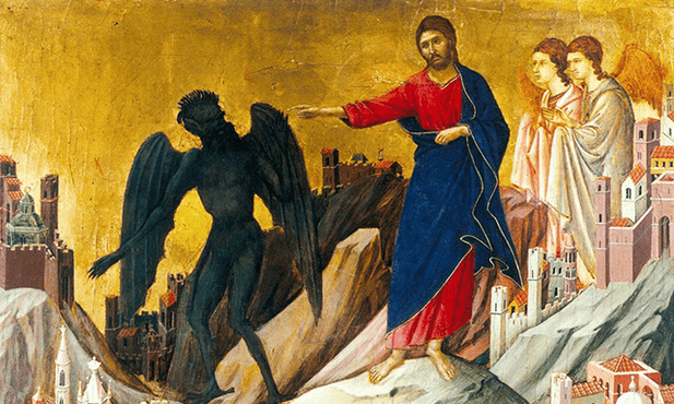Duccio di Buoninsegna „Kuszenie na górze”  tempera na drewnie, 1308–1311, Frick Collection, Nowy Jork