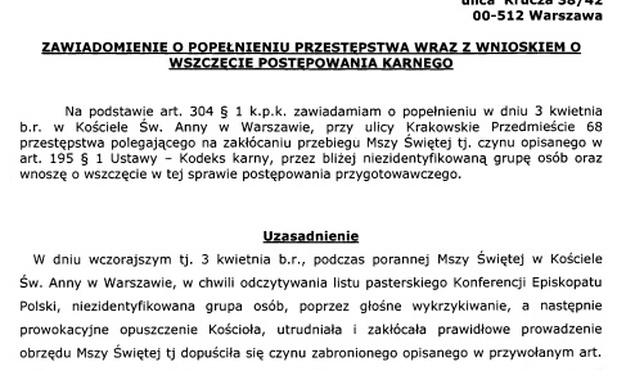 Sprawa incydentu w św. Annie - w prokuraturze