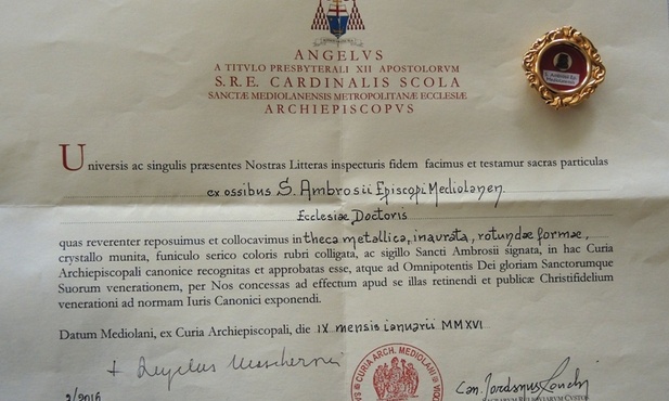 Certyfikat autentyczności relikwii św. Ambrożego
