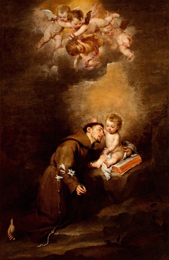 Bartolomé Esteban MurilloŚwięty Antoni Padewski z Dzieciątkiem Jezus olej na płótnie, 1668–1669 Muzeum Sztuk Pięknych, Sewilla