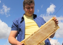 Ks. Tomasz Gałuszka prezentuje pierwszy plaster miodu wyprodukowany przez "kulowskie" pszczoły.