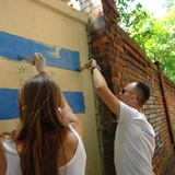 Mural ŚDM obok gliwickiej katedry