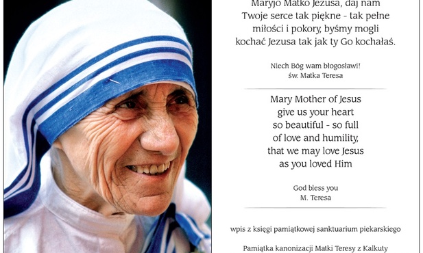 Wpis Matki Teresy w księdze pamiątkowej w Piekarach z 1986 roku.