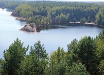Widok z 24-metrowej wieży obserwacyjnej na największy zbiornik pojezierza antropogenicznego o nazwie „Afryka”. Jezioro powstało w dawnym wyrobisku węgla brunatnego.