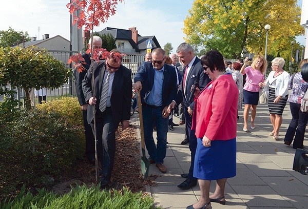 ▲	Przed szkołą posadzono drzewko, które będzie pamiątką jubileuszu.