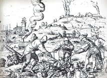 Drzeworyt z 1598 r. przedstawiający krajobraz wokół Freibergu na początku prac górniczych. Podobnie miały wyglądać Złotoryja czy Mikołajowice.